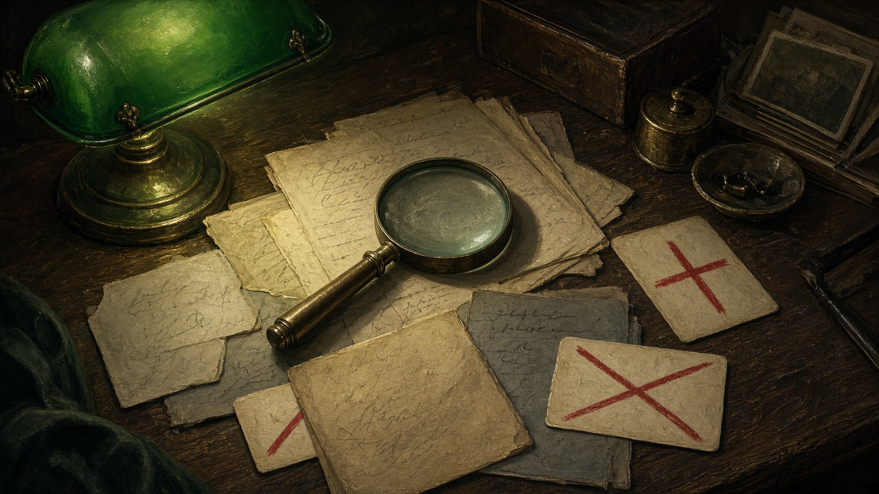 Une loupe posée sur des pages et des cartes anciennes, dans un bureau d'enquêteur